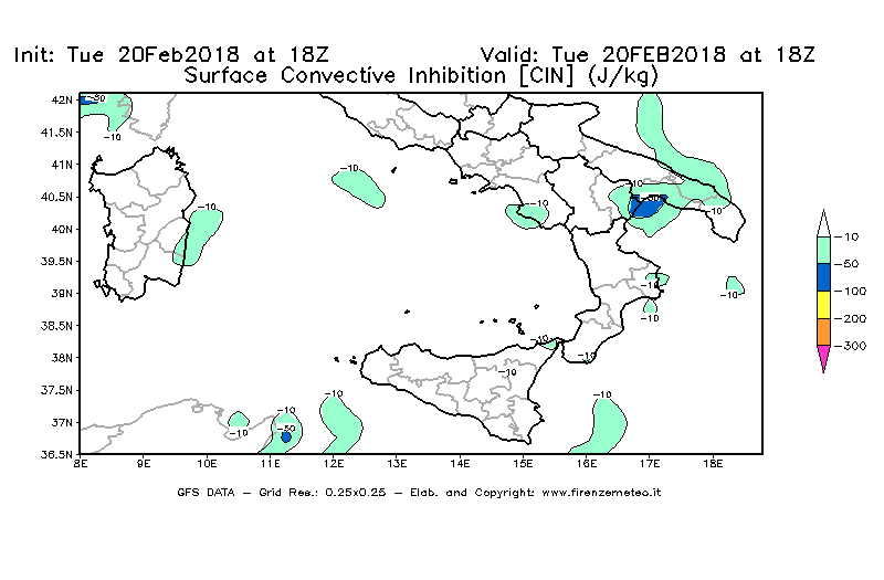Mappa di analisi GFS - CIN [J/kg] in Sud-Italia
									del 20/02/2018 18 <!--googleoff: index-->UTC<!--googleon: index-->