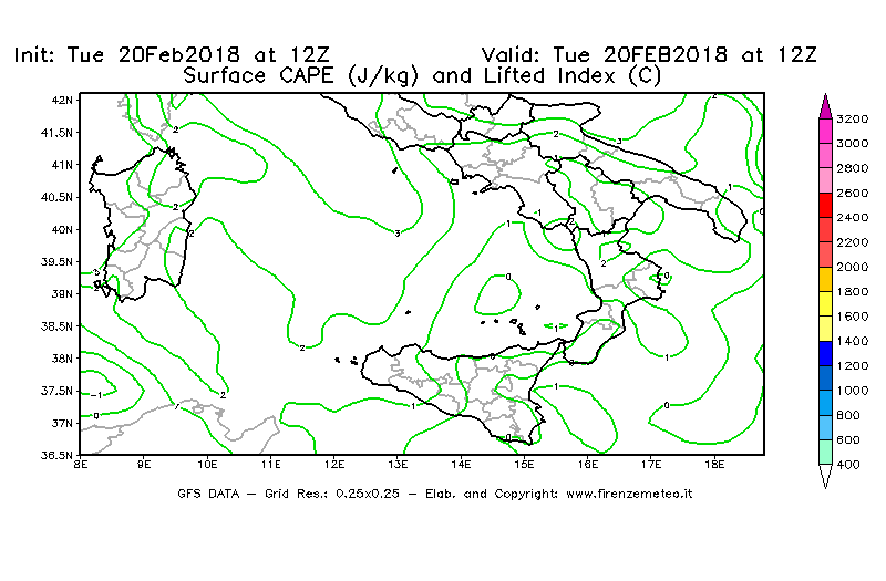 Mappa di analisi GFS - CAPE [J/kg] e Lifted Index [°C] in Sud-Italia
									del 20/02/2018 12 <!--googleoff: index-->UTC<!--googleon: index-->
