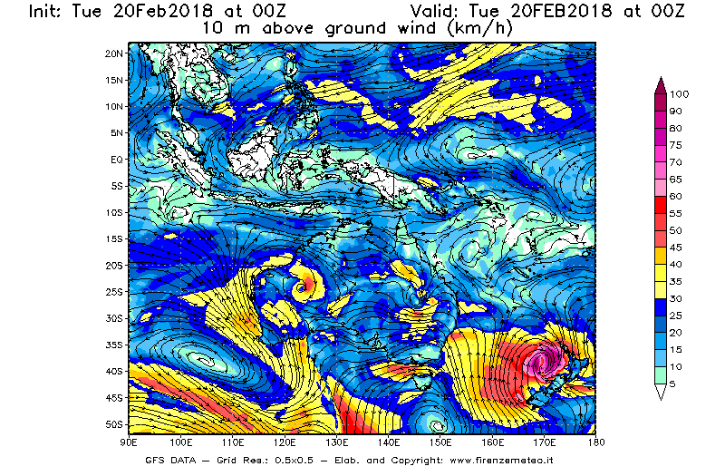 Mappa di analisi GFS - Velocità del vento a 10 metri dal suolo [km/h] in Oceania
									del 20/02/2018 00 <!--googleoff: index-->UTC<!--googleon: index-->
