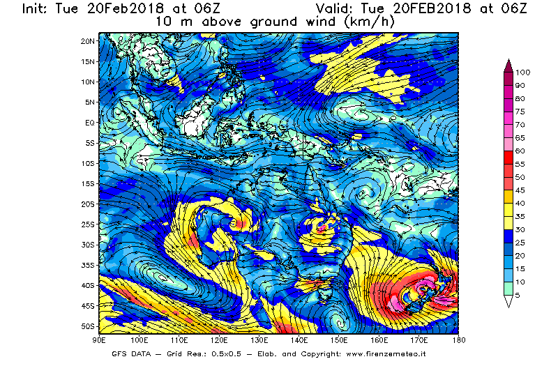 Mappa di analisi GFS - Velocità del vento a 10 metri dal suolo [km/h] in Oceania
									del 20/02/2018 06 <!--googleoff: index-->UTC<!--googleon: index-->
