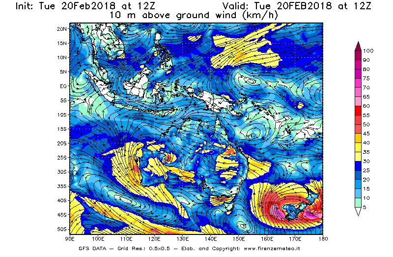 Mappa di analisi GFS - Velocità del vento a 10 metri dal suolo [km/h] in Oceania
									del 20/02/2018 12 <!--googleoff: index-->UTC<!--googleon: index-->