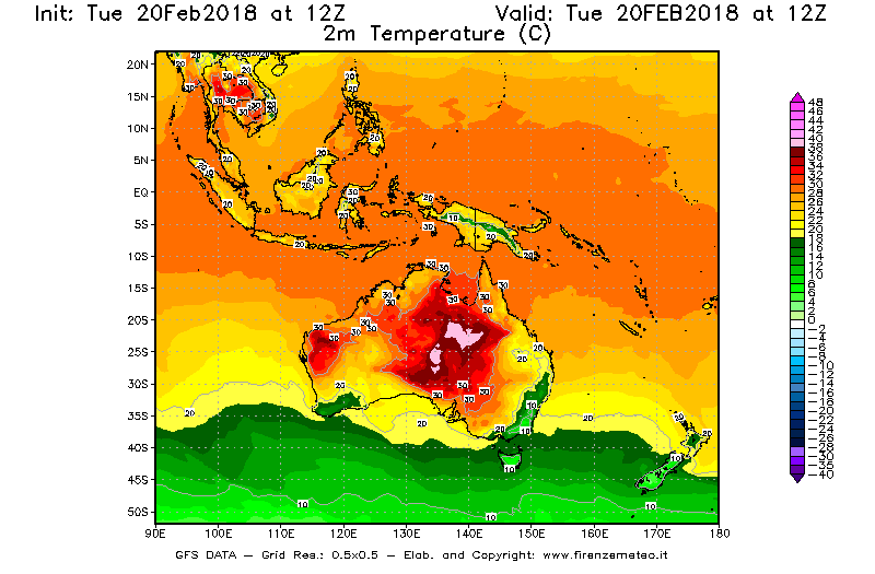 Mappa di analisi GFS - Temperatura a 2 metri dal suolo [°C] in Oceania
									del 20/02/2018 12 <!--googleoff: index-->UTC<!--googleon: index-->