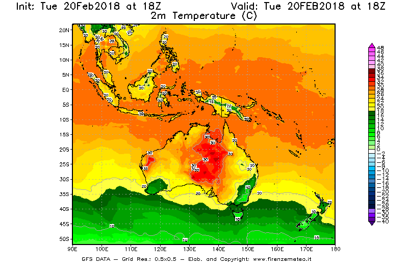 Mappa di analisi GFS - Temperatura a 2 metri dal suolo [°C] in Oceania
									del 20/02/2018 18 <!--googleoff: index-->UTC<!--googleon: index-->