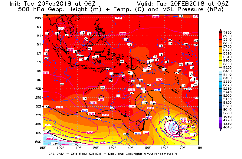 Mappa di analisi GFS - Geopotenziale [m] + Temp. [°C] a 500 hPa + Press. a livello del mare [hPa] in Oceania
									del 20/02/2018 06 <!--googleoff: index-->UTC<!--googleon: index-->