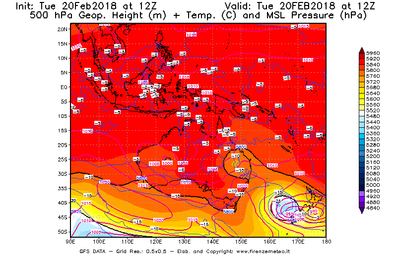 Mappa di analisi GFS - Geopotenziale [m] + Temp. [°C] a 500 hPa + Press. a livello del mare [hPa] in Oceania
									del 20/02/2018 12 <!--googleoff: index-->UTC<!--googleon: index-->