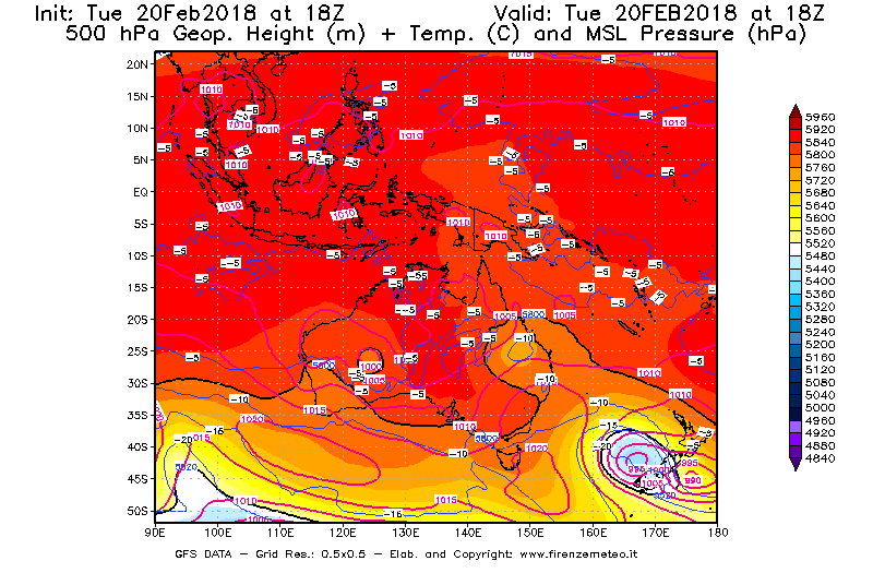 Mappa di analisi GFS - Geopotenziale [m] + Temp. [°C] a 500 hPa + Press. a livello del mare [hPa] in Oceania
									del 20/02/2018 18 <!--googleoff: index-->UTC<!--googleon: index-->