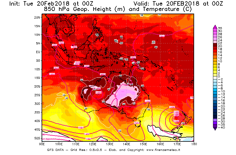 Mappa di analisi GFS - Geopotenziale [m] e Temperatura [°C] a 850 hPa in Oceania
									del 20/02/2018 00 <!--googleoff: index-->UTC<!--googleon: index-->