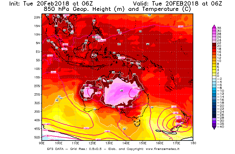 Mappa di analisi GFS - Geopotenziale [m] e Temperatura [°C] a 850 hPa in Oceania
									del 20/02/2018 06 <!--googleoff: index-->UTC<!--googleon: index-->