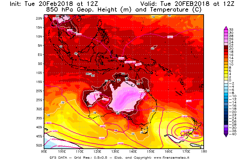 Mappa di analisi GFS - Geopotenziale [m] e Temperatura [°C] a 850 hPa in Oceania
									del 20/02/2018 12 <!--googleoff: index-->UTC<!--googleon: index-->