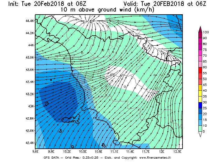 Mappa di analisi GFS - Velocità del vento a 10 metri dal suolo [km/h] in Toscana
									del 20/02/2018 06 <!--googleoff: index-->UTC<!--googleon: index-->