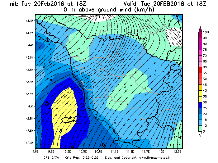 Mappa di analisi GFS - Velocità del vento a 10 metri dal suolo [km/h] in Toscana
									del 20/02/2018 18 <!--googleoff: index-->UTC<!--googleon: index-->