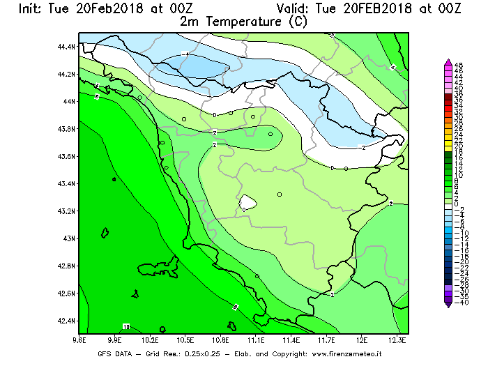 Mappa di analisi GFS - Temperatura a 2 metri dal suolo [°C] in Toscana
									del 20/02/2018 00 <!--googleoff: index-->UTC<!--googleon: index-->