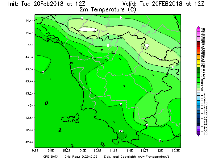 Mappa di analisi GFS - Temperatura a 2 metri dal suolo [°C] in Toscana
									del 20/02/2018 12 <!--googleoff: index-->UTC<!--googleon: index-->
