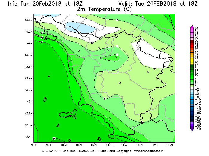 Mappa di analisi GFS - Temperatura a 2 metri dal suolo [°C] in Toscana
									del 20/02/2018 18 <!--googleoff: index-->UTC<!--googleon: index-->