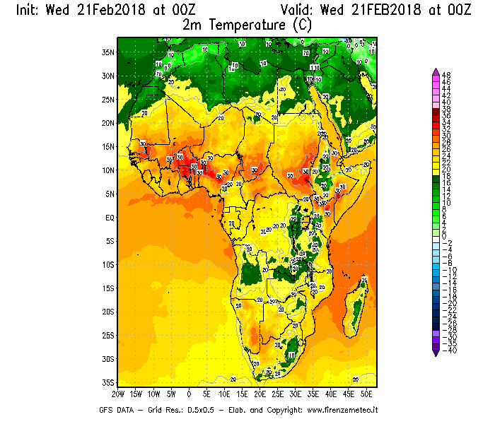 Mappa di analisi GFS - Temperatura a 2 metri dal suolo [°C] in Africa
							del 21/02/2018 00 <!--googleoff: index-->UTC<!--googleon: index-->