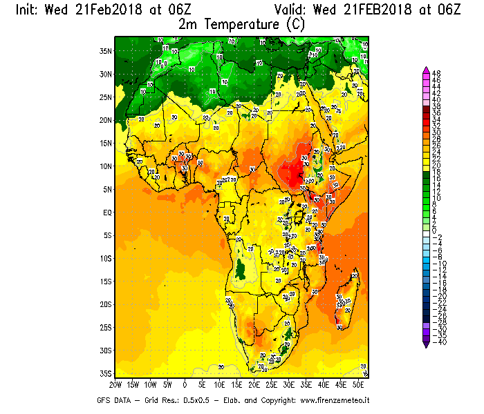 Mappa di analisi GFS - Temperatura a 2 metri dal suolo [°C] in Africa
									del 21/02/2018 06 <!--googleoff: index-->UTC<!--googleon: index-->