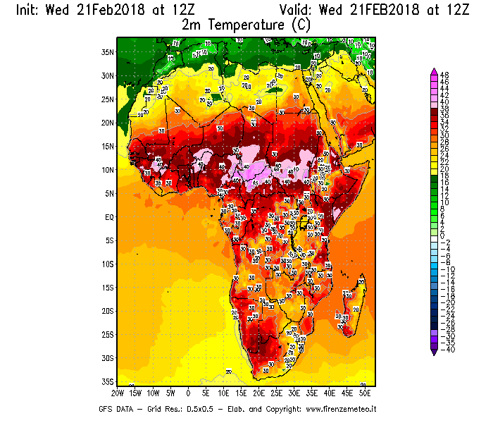 Mappa di analisi GFS - Temperatura a 2 metri dal suolo [°C] in Africa
							del 21/02/2018 12 <!--googleoff: index-->UTC<!--googleon: index-->