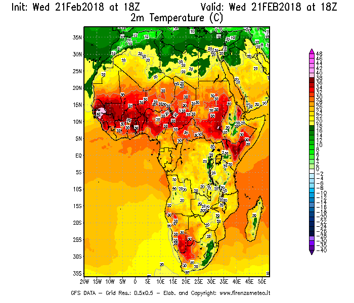 Mappa di analisi GFS - Temperatura a 2 metri dal suolo [°C] in Africa
							del 21/02/2018 18 <!--googleoff: index-->UTC<!--googleon: index-->