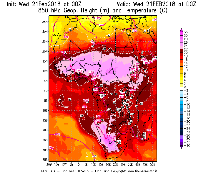 Mappa di analisi GFS - Geopotenziale [m] e Temperatura [°C] a 850 hPa in Africa
							del 21/02/2018 00 <!--googleoff: index-->UTC<!--googleon: index-->