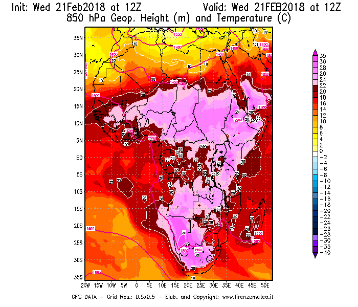 Mappa di analisi GFS - Geopotenziale [m] e Temperatura [°C] a 850 hPa in Africa
									del 21/02/2018 12 <!--googleoff: index-->UTC<!--googleon: index-->