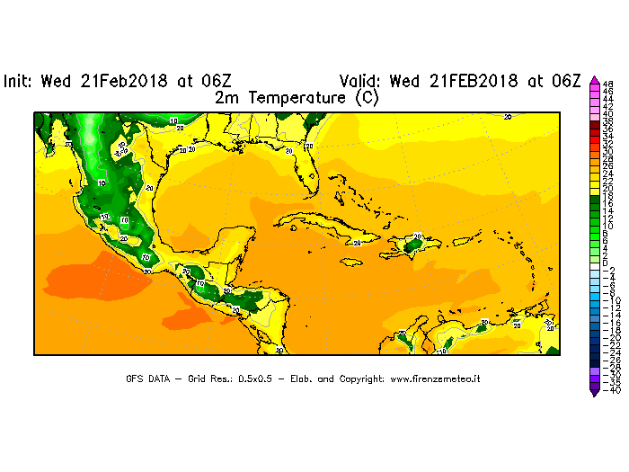 Mappa di analisi GFS - Temperatura a 2 metri dal suolo [°C] in Centro-America
							del 21/02/2018 06 <!--googleoff: index-->UTC<!--googleon: index-->