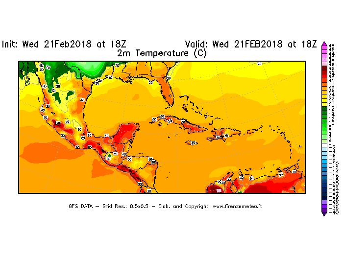 Mappa di analisi GFS - Temperatura a 2 metri dal suolo [°C] in Centro-America
									del 21/02/2018 18 <!--googleoff: index-->UTC<!--googleon: index-->