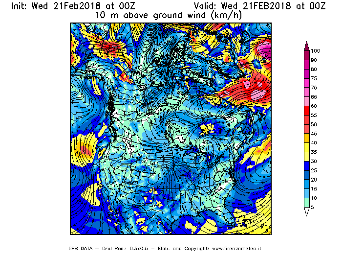 Mappa di analisi GFS - Velocità del vento a 10 metri dal suolo [km/h] in Nord-America
									del 21/02/2018 00 <!--googleoff: index-->UTC<!--googleon: index-->