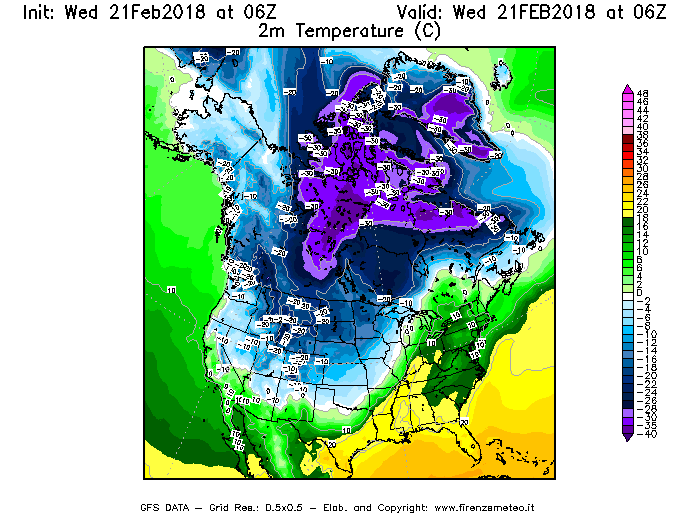 Mappa di analisi GFS - Temperatura a 2 metri dal suolo [°C] in Nord-America
									del 21/02/2018 06 <!--googleoff: index-->UTC<!--googleon: index-->