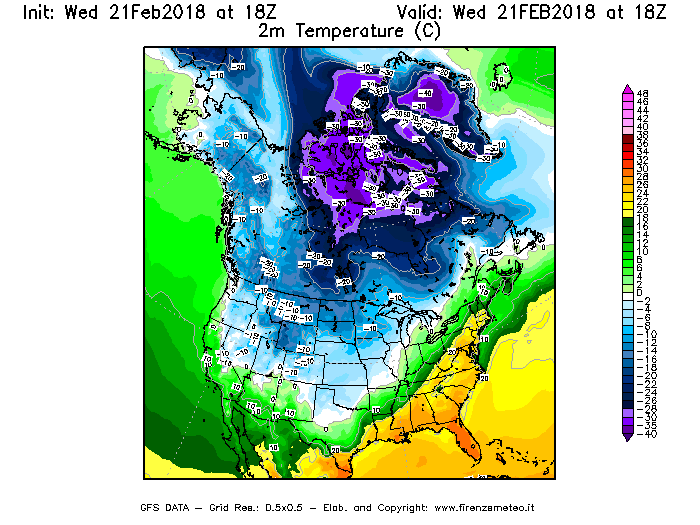 Mappa di analisi GFS - Temperatura a 2 metri dal suolo [°C] in Nord-America
							del 21/02/2018 18 <!--googleoff: index-->UTC<!--googleon: index-->