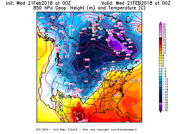 Mappa di analisi GFS - Geopotenziale [m] e Temperatura [°C] a 850 hPa in Nord-America
									del 21/02/2018 00 <!--googleoff: index-->UTC<!--googleon: index-->