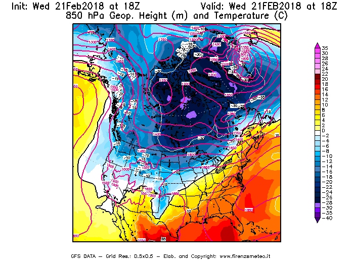 Mappa di analisi GFS - Geopotenziale [m] e Temperatura [°C] a 850 hPa in Nord-America
									del 21/02/2018 18 <!--googleoff: index-->UTC<!--googleon: index-->