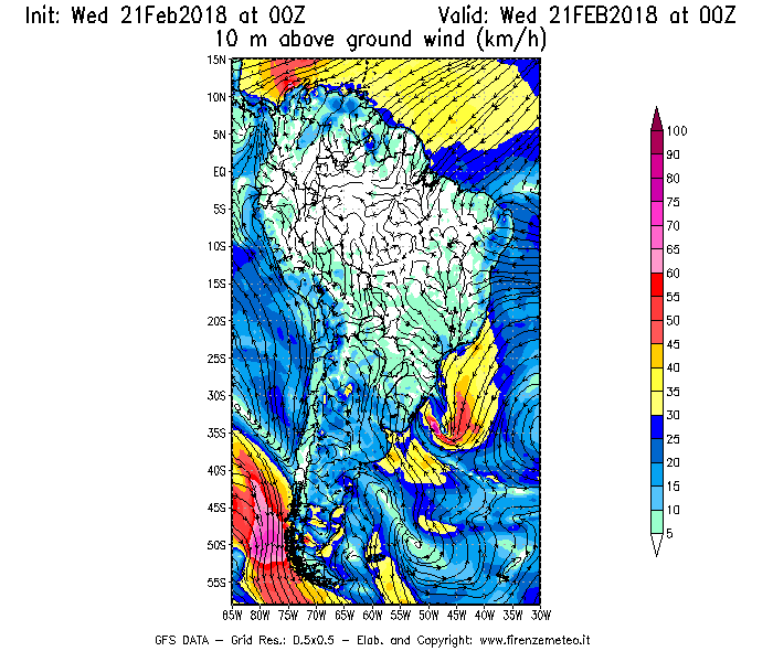 Mappa di analisi GFS - Velocità del vento a 10 metri dal suolo [km/h] in Sud-America
									del 21/02/2018 00 <!--googleoff: index-->UTC<!--googleon: index-->