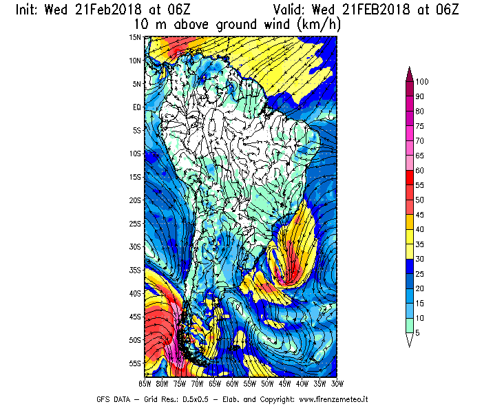 Mappa di analisi GFS - Velocità del vento a 10 metri dal suolo [km/h] in Sud-America
							del 21/02/2018 06 <!--googleoff: index-->UTC<!--googleon: index-->