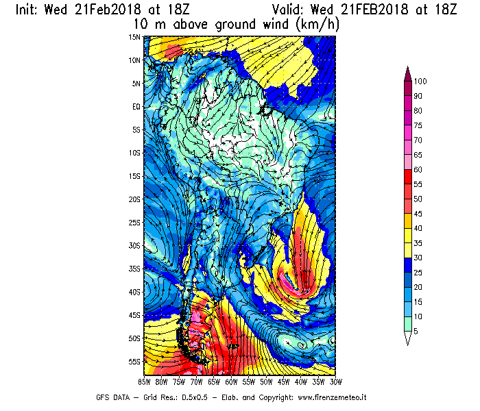 Mappa di analisi GFS - Velocità del vento a 10 metri dal suolo [km/h] in Sud-America
							del 21/02/2018 18 <!--googleoff: index-->UTC<!--googleon: index-->