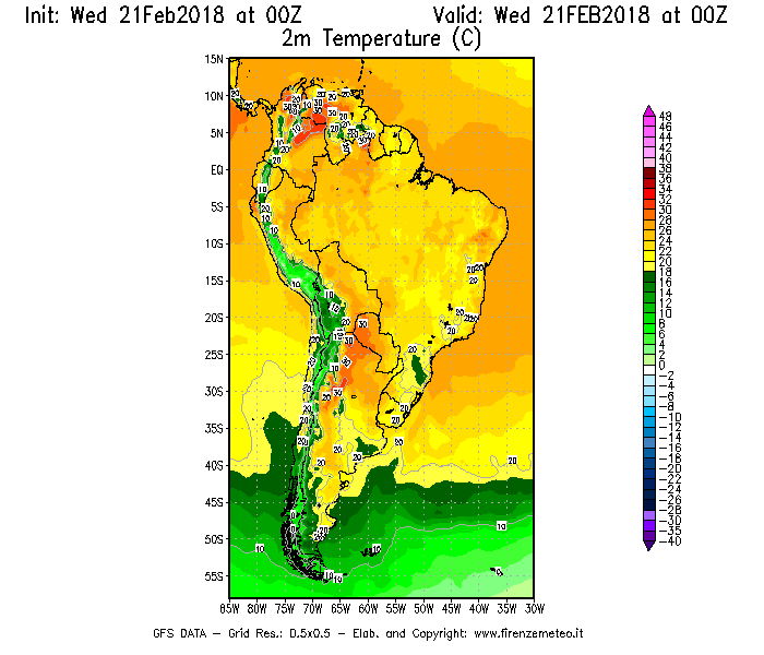 Mappa di analisi GFS - Temperatura a 2 metri dal suolo [°C] in Sud-America
									del 21/02/2018 00 <!--googleoff: index-->UTC<!--googleon: index-->