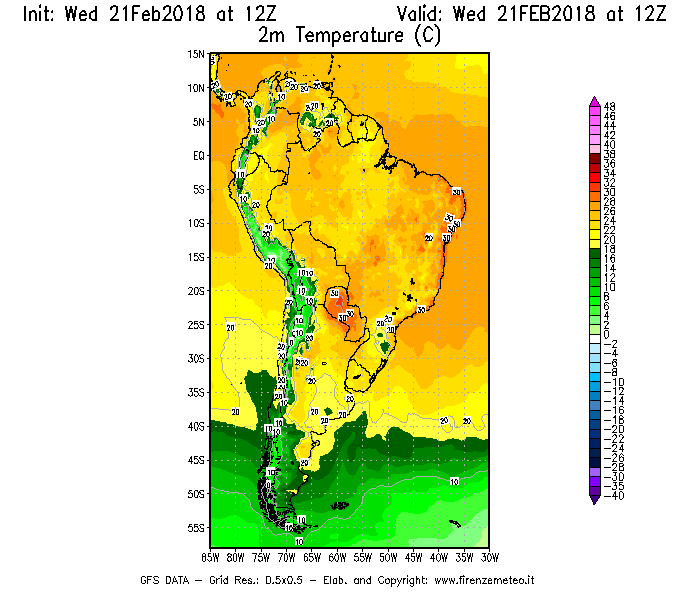 Mappa di analisi GFS - Temperatura a 2 metri dal suolo [°C] in Sud-America
									del 21/02/2018 12 <!--googleoff: index-->UTC<!--googleon: index-->