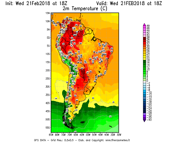 Mappa di analisi GFS - Temperatura a 2 metri dal suolo [°C] in Sud-America
							del 21/02/2018 18 <!--googleoff: index-->UTC<!--googleon: index-->
