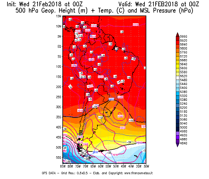 Mappa di analisi GFS - Geopotenziale [m] + Temp. [°C] a 500 hPa + Press. a livello del mare [hPa] in Sud-America
							del 21/02/2018 00 <!--googleoff: index-->UTC<!--googleon: index-->