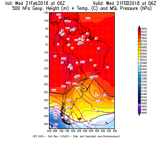 Mappa di analisi GFS - Geopotenziale [m] + Temp. [°C] a 500 hPa + Press. a livello del mare [hPa] in Sud-America
									del 21/02/2018 06 <!--googleoff: index-->UTC<!--googleon: index-->