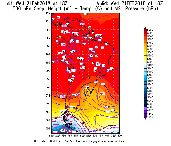 Mappa di analisi GFS - Geopotenziale [m] + Temp. [°C] a 500 hPa + Press. a livello del mare [hPa] in Sud-America
									del 21/02/2018 18 <!--googleoff: index-->UTC<!--googleon: index-->