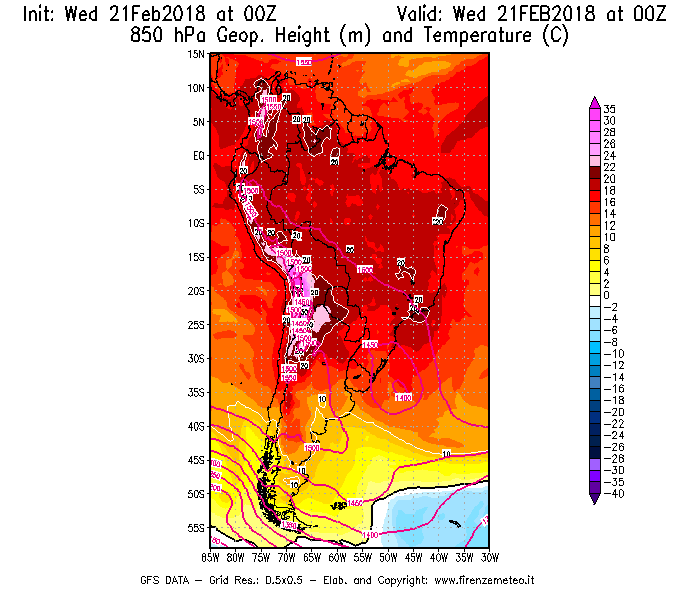 Mappa di analisi GFS - Geopotenziale [m] e Temperatura [°C] a 850 hPa in Sud-America
									del 21/02/2018 00 <!--googleoff: index-->UTC<!--googleon: index-->