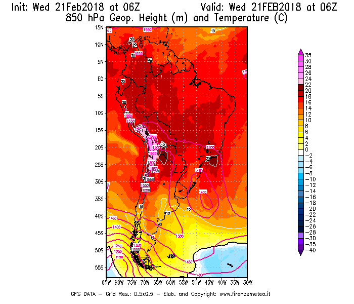 Mappa di analisi GFS - Geopotenziale [m] e Temperatura [°C] a 850 hPa in Sud-America
									del 21/02/2018 06 <!--googleoff: index-->UTC<!--googleon: index-->