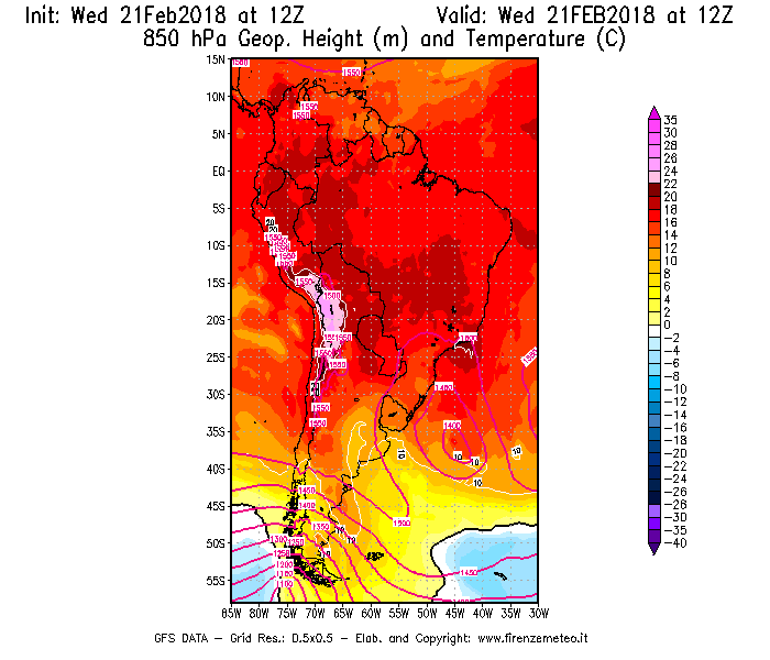 Mappa di analisi GFS - Geopotenziale [m] e Temperatura [°C] a 850 hPa in Sud-America
							del 21/02/2018 12 <!--googleoff: index-->UTC<!--googleon: index-->