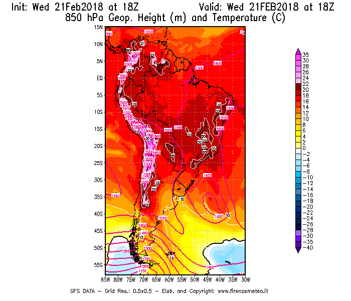 Mappa di analisi GFS - Geopotenziale [m] e Temperatura [°C] a 850 hPa in Sud-America
									del 21/02/2018 18 <!--googleoff: index-->UTC<!--googleon: index-->
