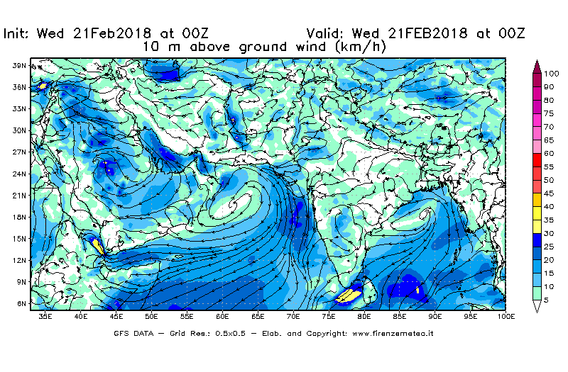 Mappa di analisi GFS - Velocità del vento a 10 metri dal suolo [km/h] in Asia Sud-Occidentale
									del 21/02/2018 00 <!--googleoff: index-->UTC<!--googleon: index-->