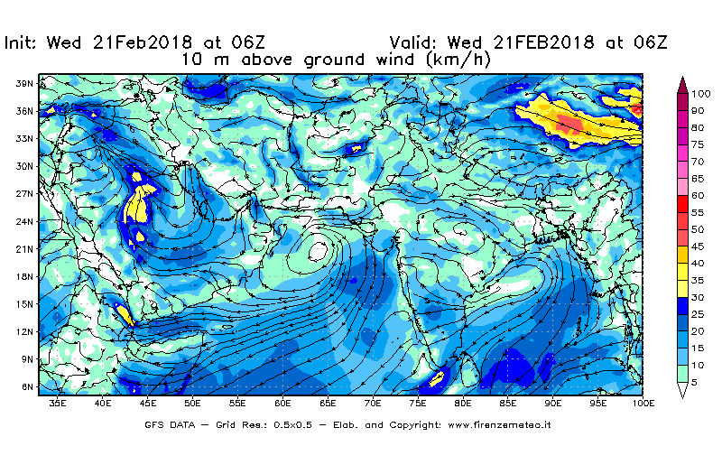 Mappa di analisi GFS - Velocità del vento a 10 metri dal suolo [km/h] in Asia Sud-Occidentale
							del 21/02/2018 06 <!--googleoff: index-->UTC<!--googleon: index-->