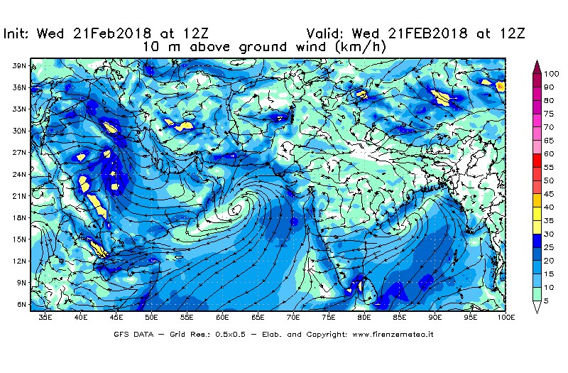 Mappa di analisi GFS - Velocità del vento a 10 metri dal suolo [km/h] in Asia Sud-Occidentale
									del 21/02/2018 12 <!--googleoff: index-->UTC<!--googleon: index-->