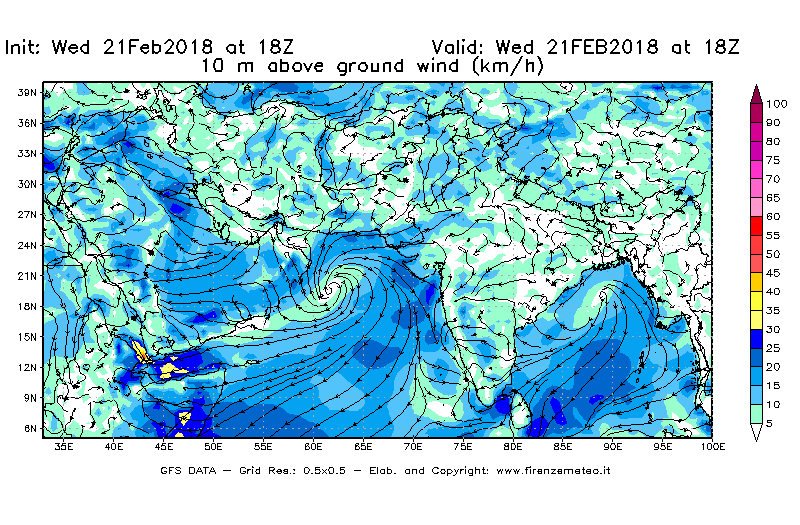 Mappa di analisi GFS - Velocità del vento a 10 metri dal suolo [km/h] in Asia Sud-Occidentale
							del 21/02/2018 18 <!--googleoff: index-->UTC<!--googleon: index-->