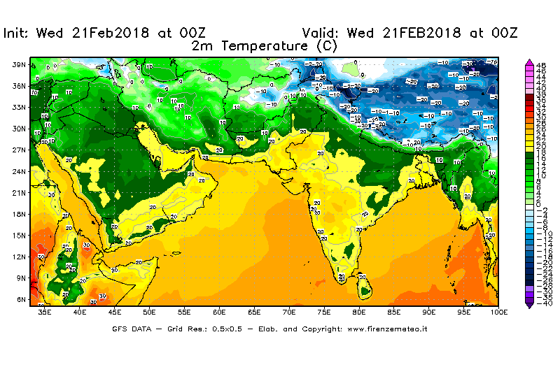 Mappa di analisi GFS - Temperatura a 2 metri dal suolo [°C] in Asia Sud-Occidentale
							del 21/02/2018 00 <!--googleoff: index-->UTC<!--googleon: index-->