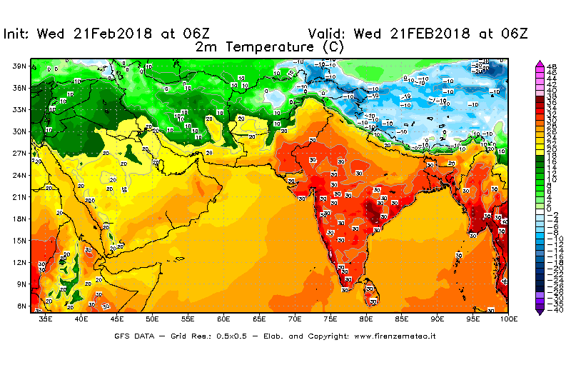 Mappa di analisi GFS - Temperatura a 2 metri dal suolo [°C] in Asia Sud-Occidentale
							del 21/02/2018 06 <!--googleoff: index-->UTC<!--googleon: index-->